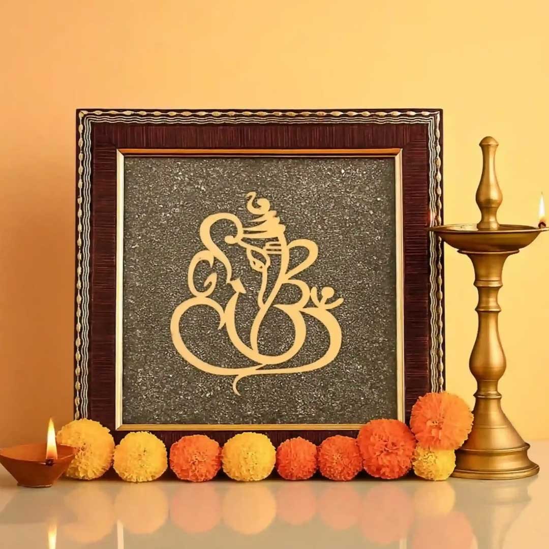 Ganesh Photo Frame on Raw Pyrite
